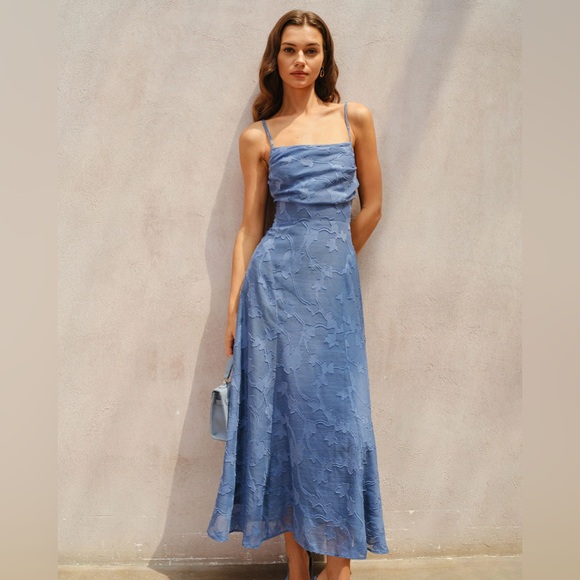 RIHOAS Dresses & Skirts - Blue Jacquard Ruched Slip Maxi Dress